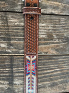 Men's Aztec Woven Basket Weave Tooled Leather Belt