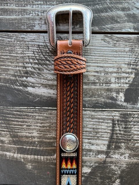 Men's Aztec Woven Concho Tooled Leather Belt