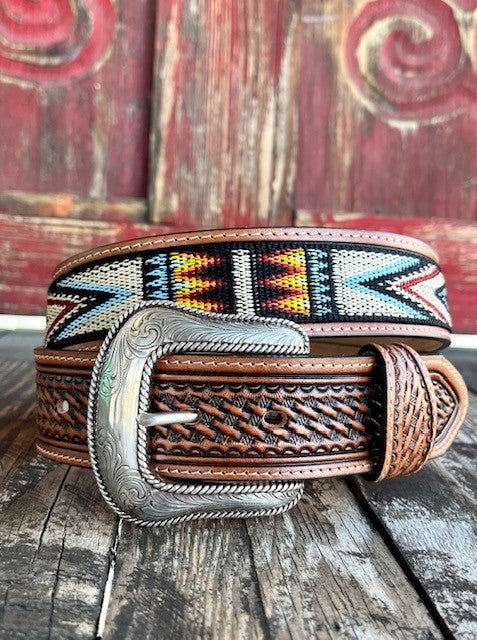 Men's Aztec Woven Concho Tooled Leather Belt