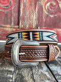 Men's Aztec Woven Concho Tooled Leather Belt