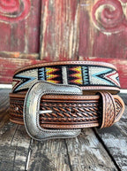 Men's Aztec Woven Concho Tooled Leather Belt
