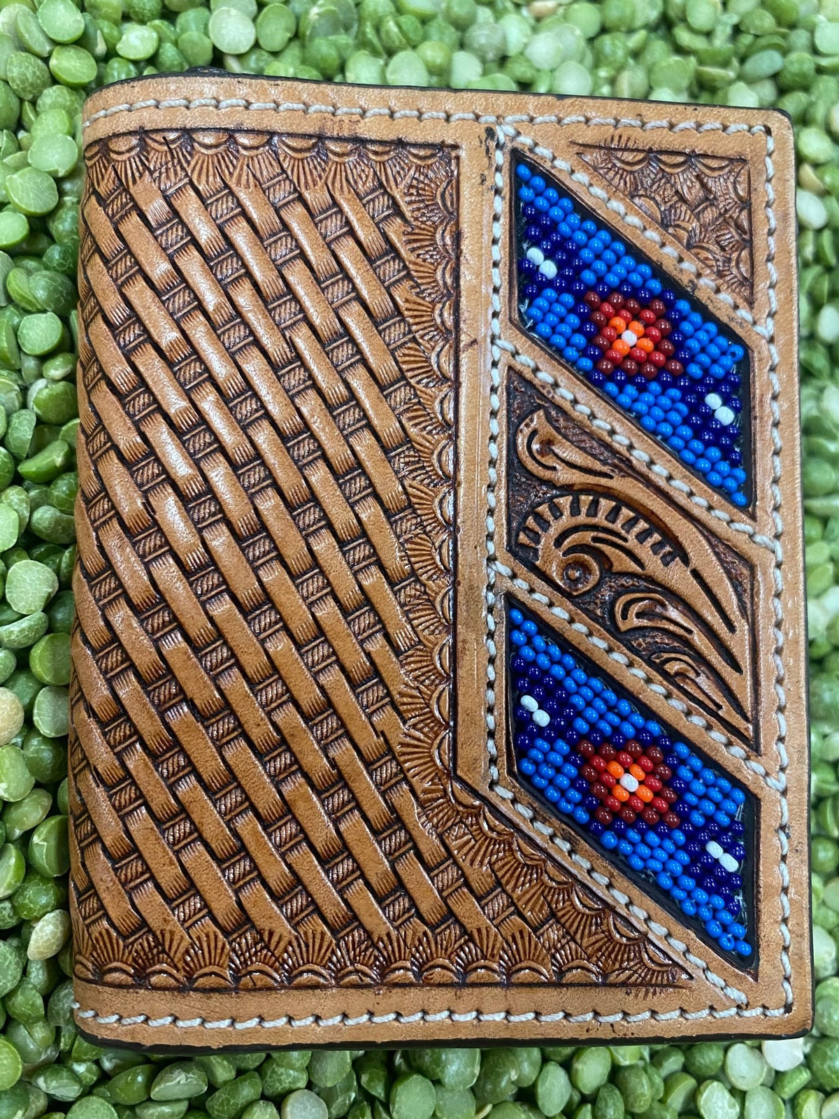 Men's Basket Weave Aztec-Inspired Beaded Trifold Wallet