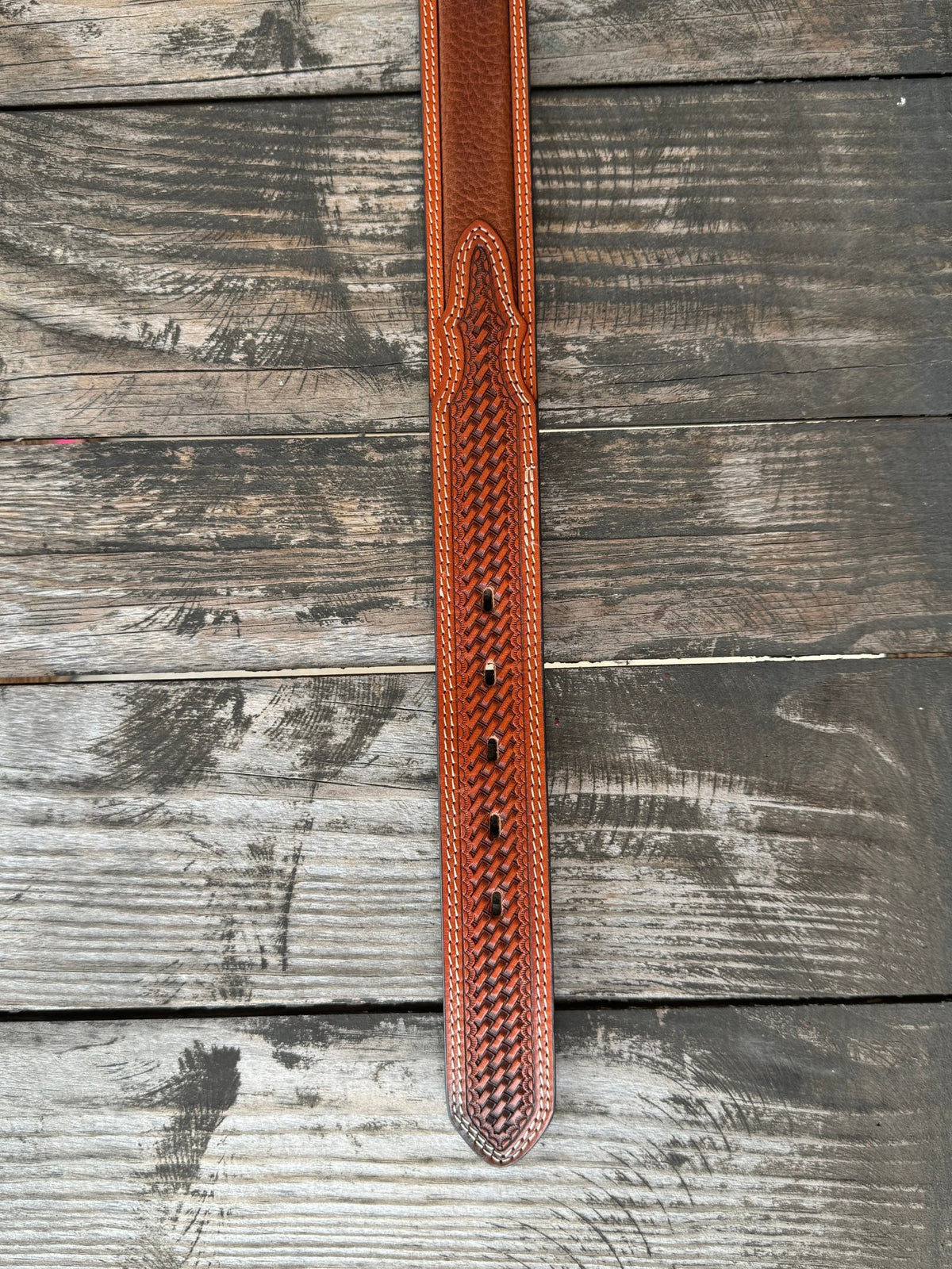 Men's Basket Weave Tooled Leather Belt With Smooth Leather Middle in Brown - 2278 - Blair's Western Wear Marble Falls, TX 