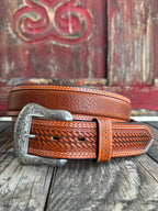 Men's Basket Weave Tooled Leather Belt With Smooth Leather Middle in Brown - 2278 - Blair's Western Wear Marble Falls, TX 