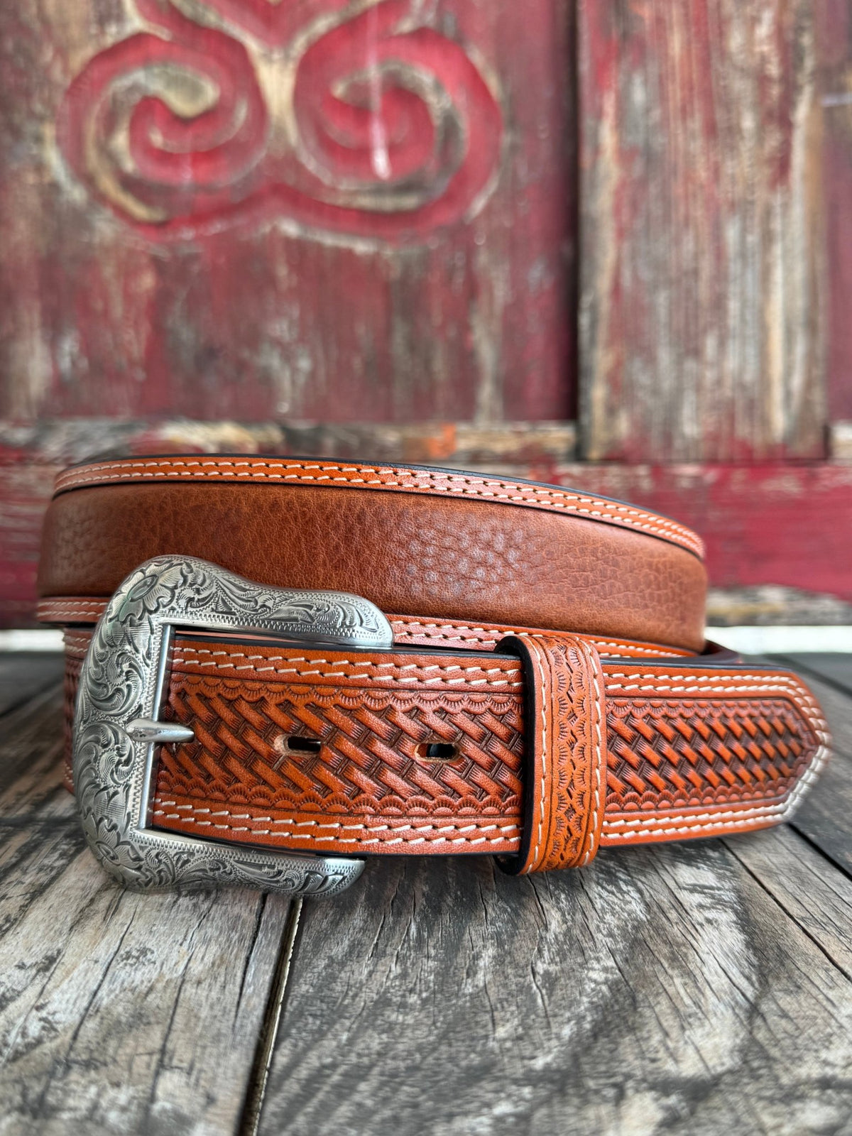 Men's Basket Weave Tooled Leather Belt With Smooth Leather Middle in Brown - 2278 - Blair's Western Wear Marble Falls, TX 