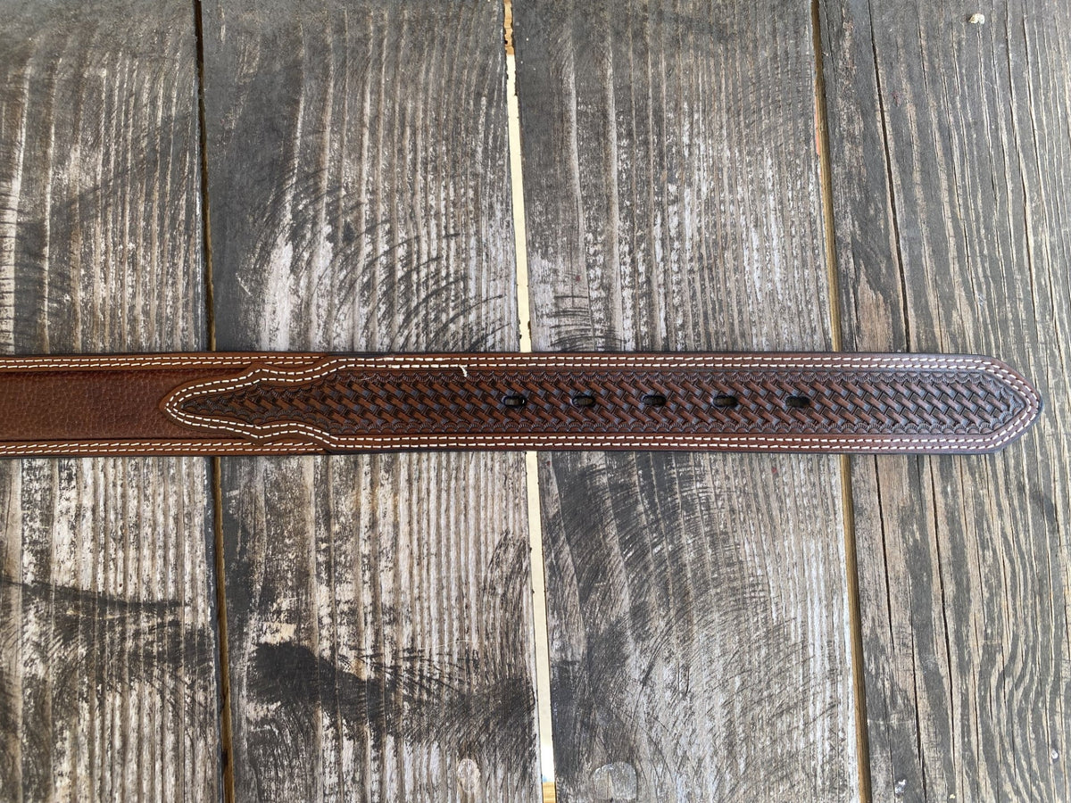 Men's Tooled Leather Belt With Basket Weave Tooled Overlay & Smooth Leather Middle in Chocolate - 2775 - Blair's Western Wear Marble Falls, TX