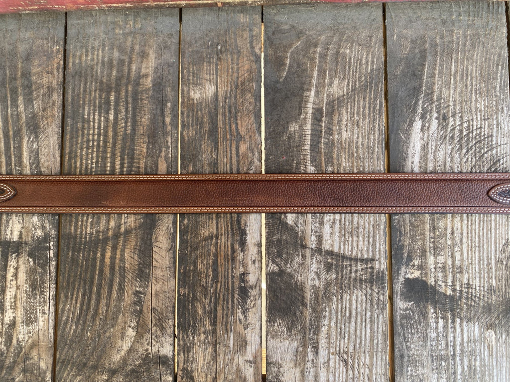 Men's Tooled Leather Belt With Basket Weave Tooled Overlay & Smooth Leather Middle in Chocolate - 2775 - Blair's Western Wear Marble Falls, TX