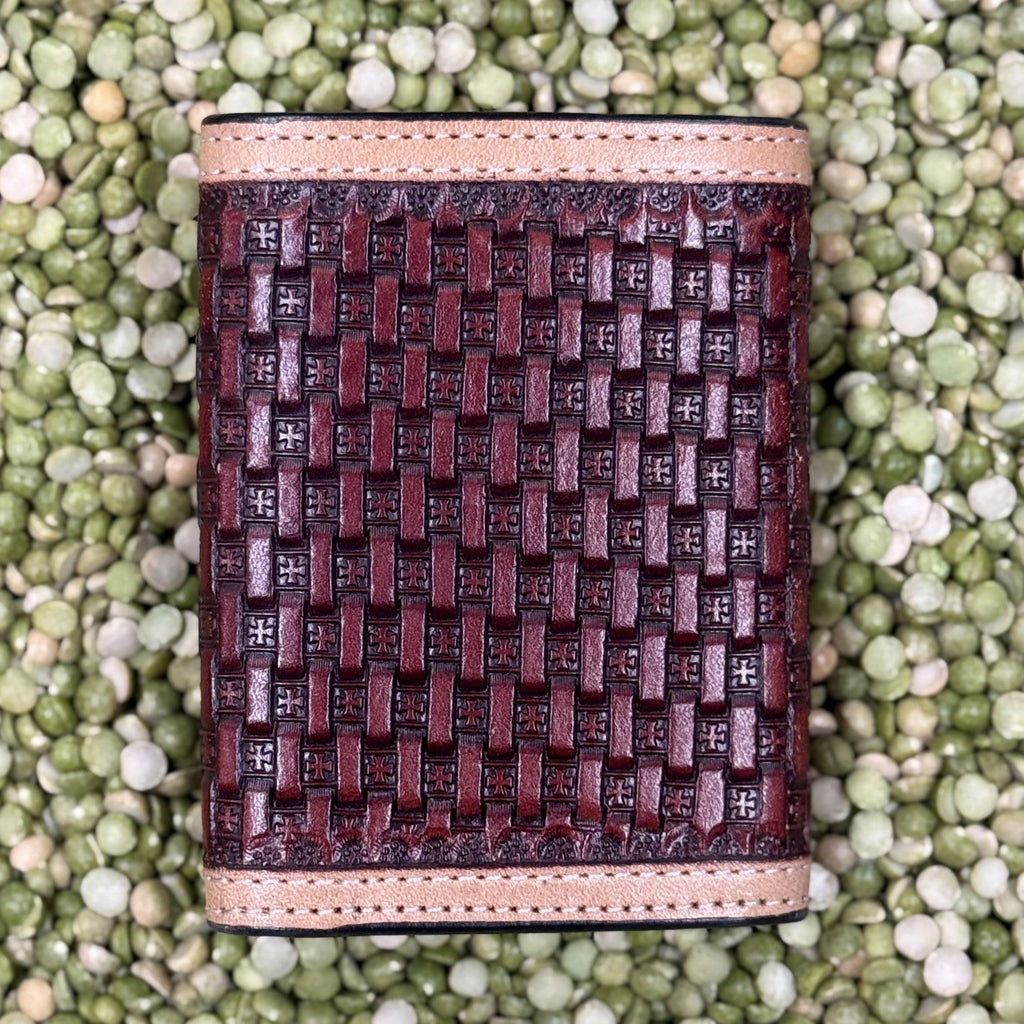 Men's Basketweave Cross & Floral Scroll Tooled Trifold Wallet