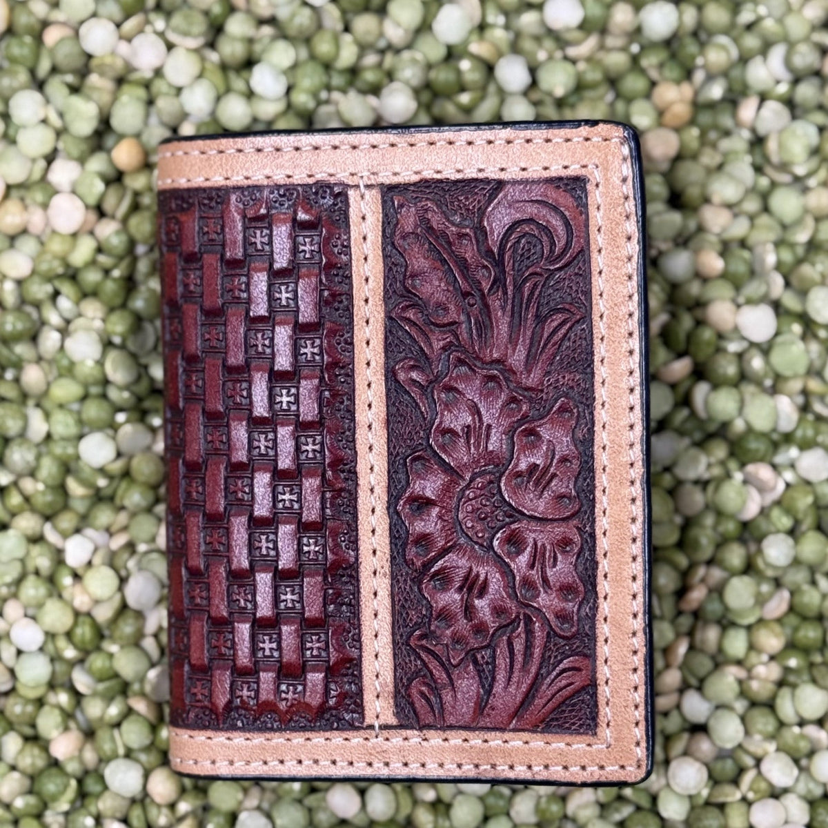 Men's Basketweave Cross & Floral Scroll Tooled Trifold Wallet