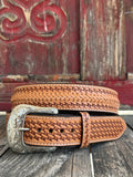 Men's  Leather Basketweave Belt in tan, featuring a silver-toned engraved buckle and basketweave pattern - XWB697. Available at Blair's Western Wear, Marble Falls, TX.