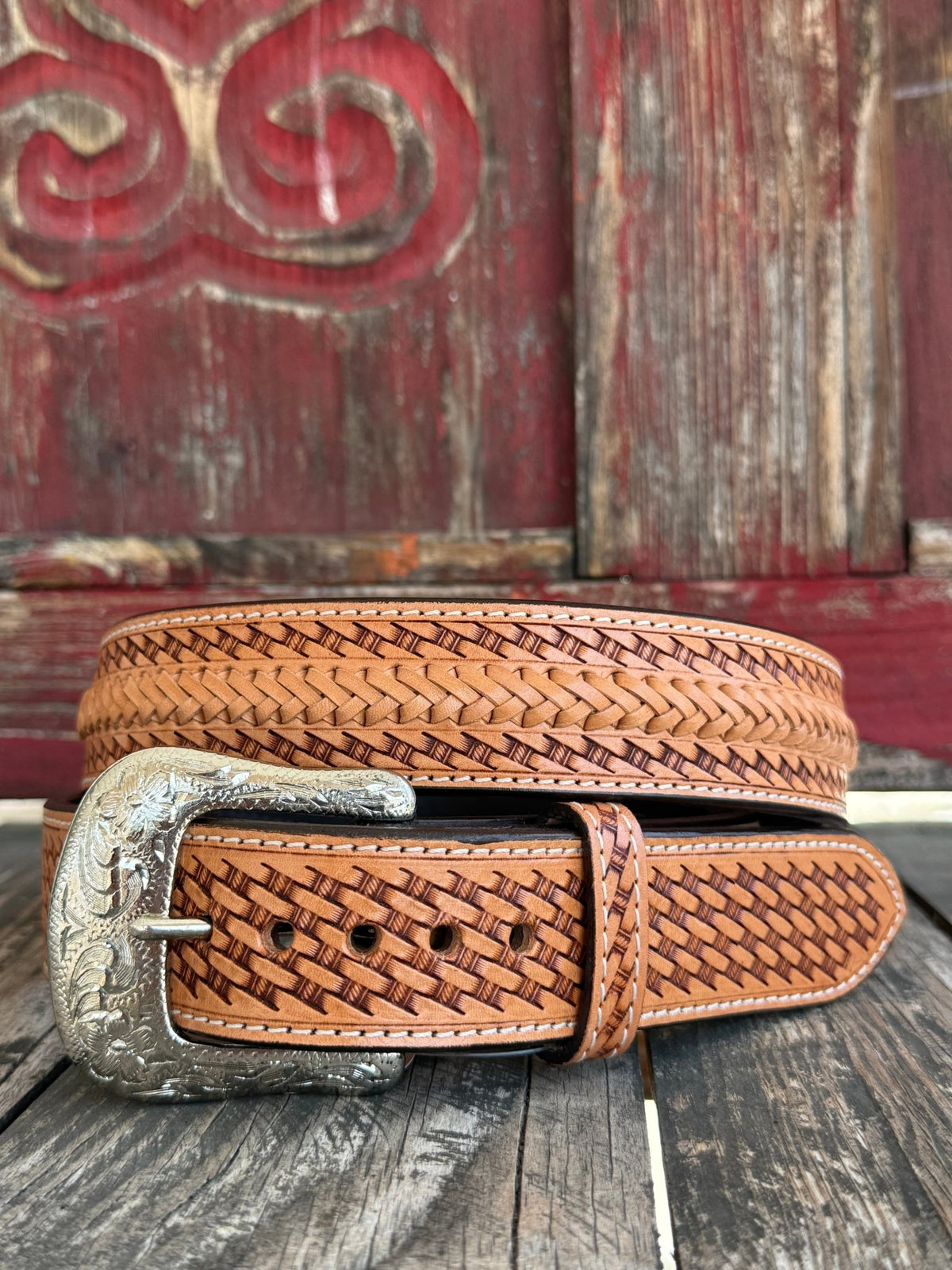 Men's  Leather Basketweave Belt in tan, featuring a silver-toned engraved buckle and basketweave pattern - XWB697. Available at Blair's Western Wear, Marble Falls, TX.