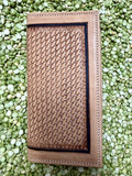 Men's tan leather checkbook wallet with basketweave tooling, dark inset border and cream perimeter stitching — Blair's Western Wear Marble Falls TX