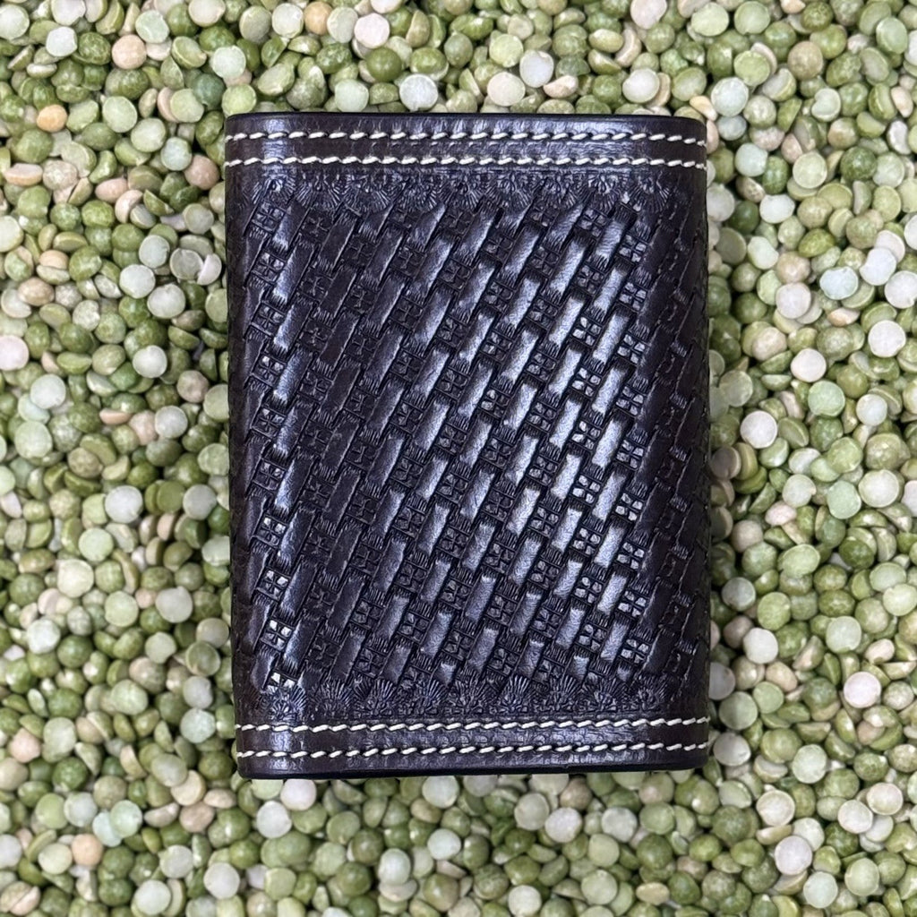 Men's Basketweave Tooled Aztec-Inspired Embroidered Whip Stitch Trifold Wallet