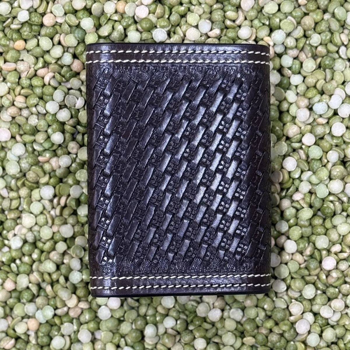 Men's Basketweave Tooled Aztec-Inspired Embroidered Whip Stitch Trifold Wallet