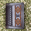 Men's Basketweave Tooled Aztec-Inspired Embroidered Whip Stitch Trifold Wallet