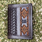 Men's Basketweave Tooled Aztec-Inspired Embroidered Whip Stitch Trifold Wallet