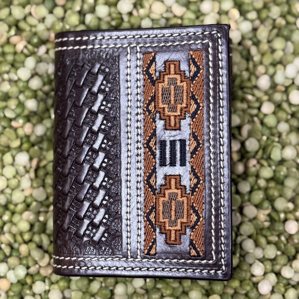 Men's Basketweave Tooled Aztec-Inspired Embroidered Whip Stitch Trifold Wallet