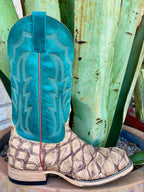 Men's Anderson Bean Square Toe Leather Boots in turquoise and beige, featuring premium leather with a unique bass texture - HP8071. Available at Blair's Western Wear, Marble Falls, TX.