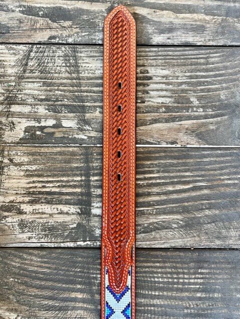 Men's Leather Belt with Tooled Leather & Beaded Aztec Middle - 1728 - Blair's Western Wear Marble Falls, TX