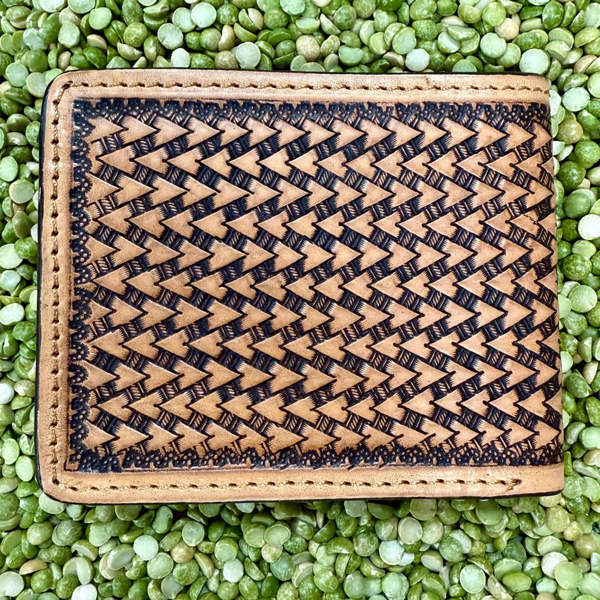 Men's Bifold Basketweave Tooled Aztec-Inspired Beadwork Leather Wallet