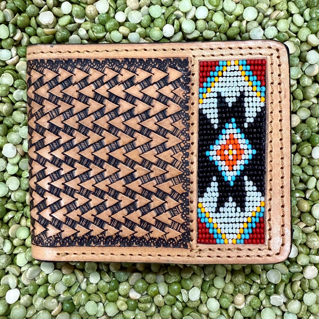 Challenger bifold leather wallet with tooled basketweave design and Aztec beadwork, handcrafted from genuine leather, with multiple card slots and a full-length bill compartment - 18RTW110B. Available at Blair's Western Wear, Marble Falls, TX.