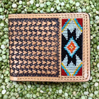 Challenger bifold leather wallet with tooled basketweave design and Aztec beadwork, handcrafted from genuine leather, with multiple card slots and a full-length bill compartment - 18RTW110B. Available at Blair's Western Wear, Marble Falls, TX.