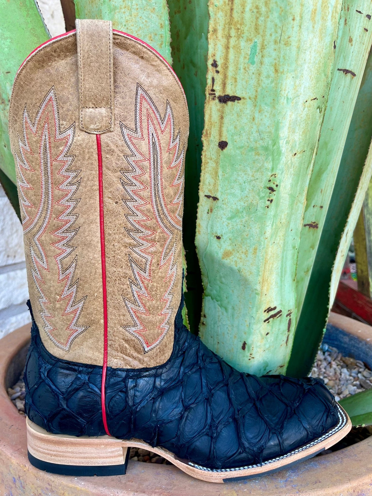 Men's Anderson Bean Leather/Neoprene Big Bass Boots in blue and beige, showcasing high-quality blue bass leather with red and white stitching - HP8062. Available at Blair's Western Wear, Marble Falls, TX.