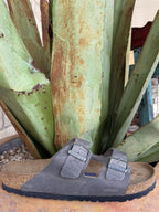 Men's charcoal gray oiled nubuck leather sandal with two adjustable buckle straps, cushioned cork footbed, and lightweight EVA outsole — Blair's Western Wear Marble Falls TX