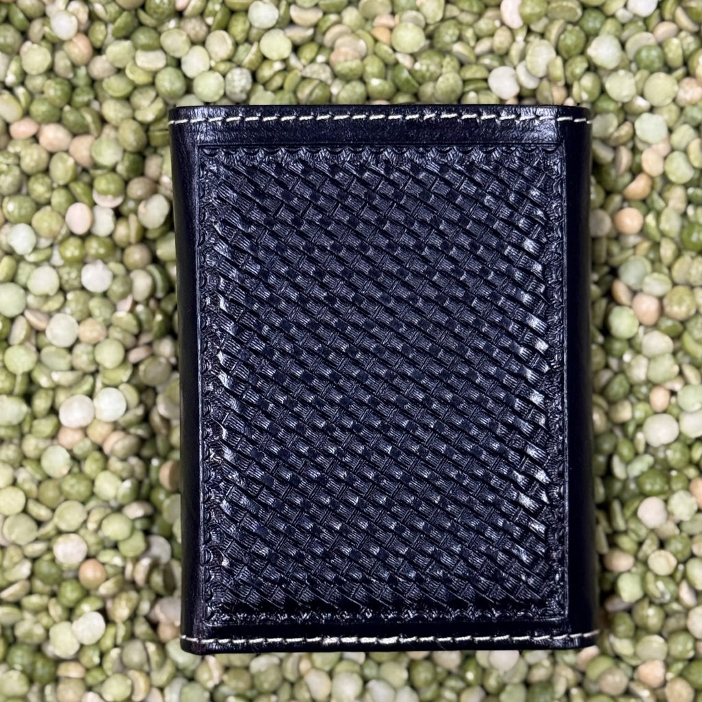 Men's Black Basketweave Praying Cowboy Concho Trifold Wallet