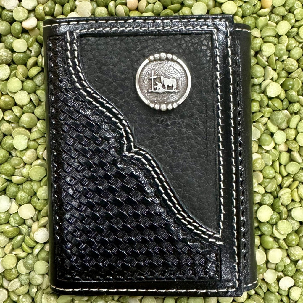 Men's Black Basketweave Praying Cowboy Concho Trifold Wallet