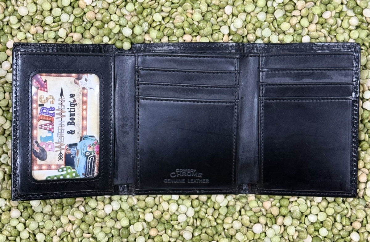 Men's Black Basketweave Praying Cowboy Concho Trifold Wallet