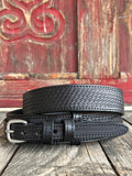 Blair's Western Wear Ranger Belt in black, crafted from full grain leather with a tooled basketweave pattern and interchangeable buckle system - 826218. Available at Blair's Western Wear, Marble Falls, TX.