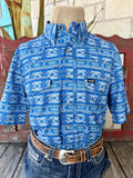 Men's blue, light blue and tan Aztec-inspired short-sleeve shirt with pointed collar, snap front and two flap chest pockets — Blair's Western Wear Marble Falls TX