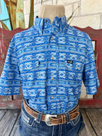 Men's blue, light blue and tan Aztec-inspired short-sleeve shirt with pointed collar, snap front and two flap chest pockets — Blair's Western Wear Marble Falls TX