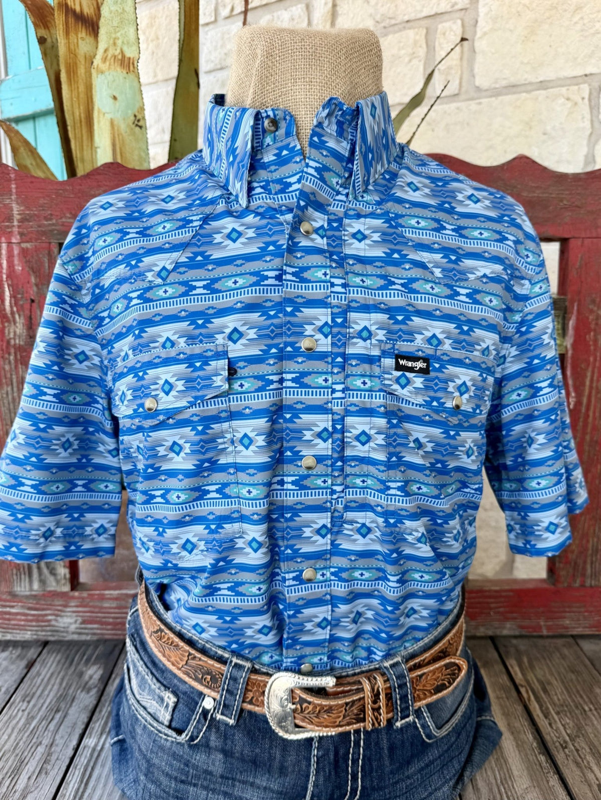 Men's blue, light blue and tan Aztec-inspired short-sleeve shirt with pointed collar, snap front and two flap chest pockets — Blair's Western Wear Marble Falls TX