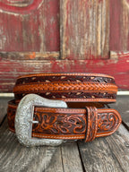 Men's Braided Overlay Tooled Leather Belt