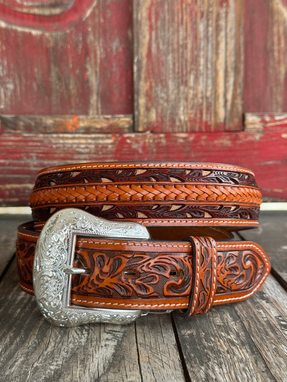 Men's Braided Overlay Tooled Leather Belt