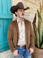 Men's brown corduroy sport coat with fine vertical ribs, notch lapels, welt chest pocket, lower flap pockets, and long sleeves — Blair's Western Wear Marble Falls TX