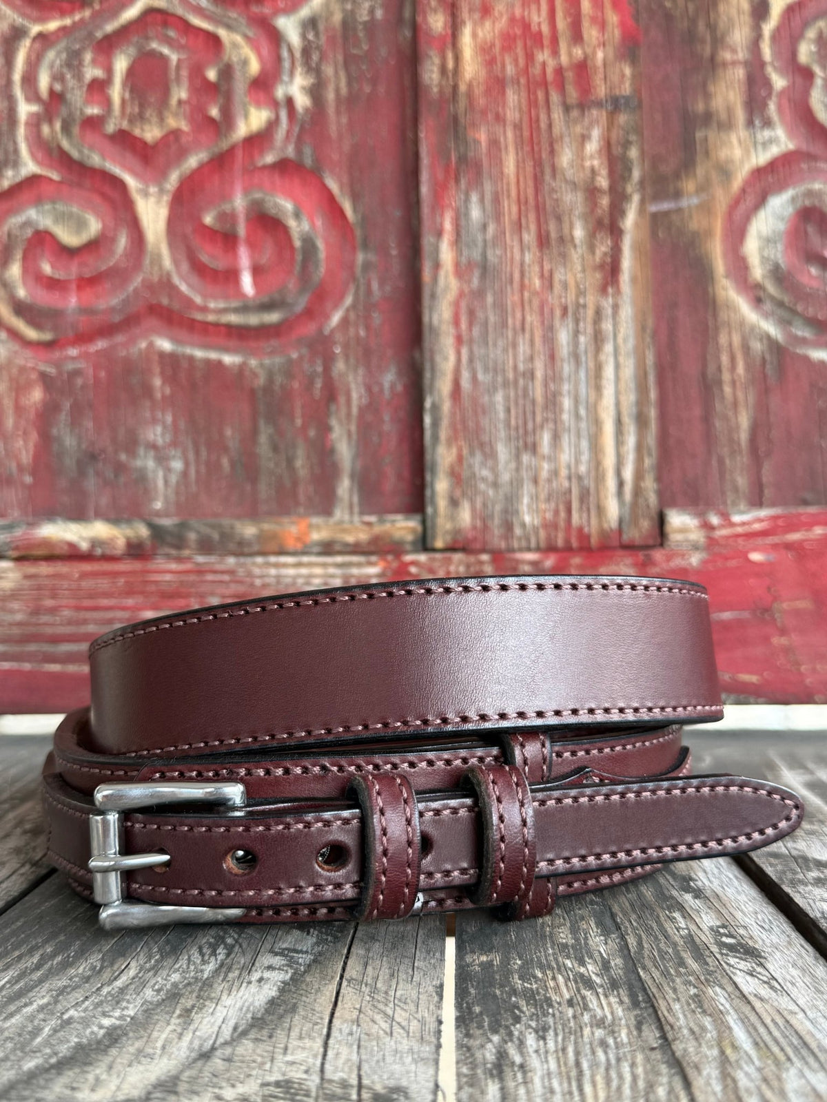 Men's Gingerich Belt Ranger Waxed Leather Belt in GING Brown, constructed from premium waxed leather for long-lasting durability, with a secure dual-prong buckle and stitched overlays for Western styling - 825036. Available at Blair's Western Wear, Marble Falls, TX.