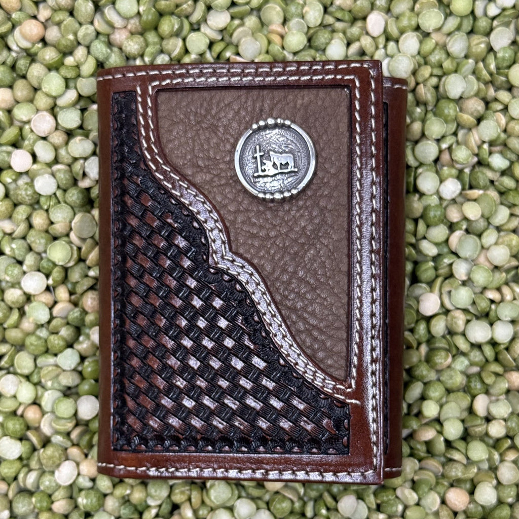 Men's Brown Tooled Overlay Praying Cowboy Concho Trifold Wallet