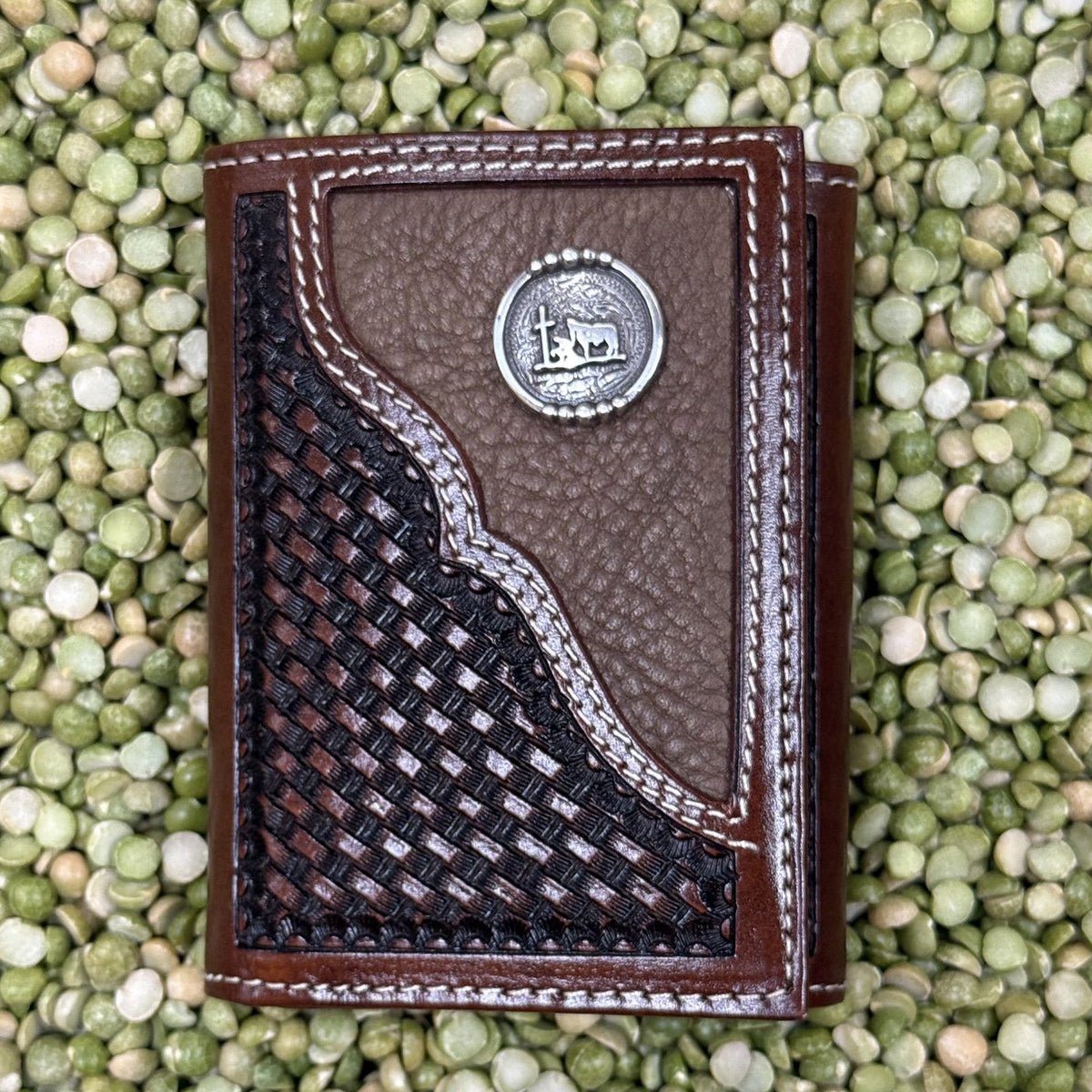 Men's Brown Tooled Overlay Praying Cowboy Concho Trifold Wallet