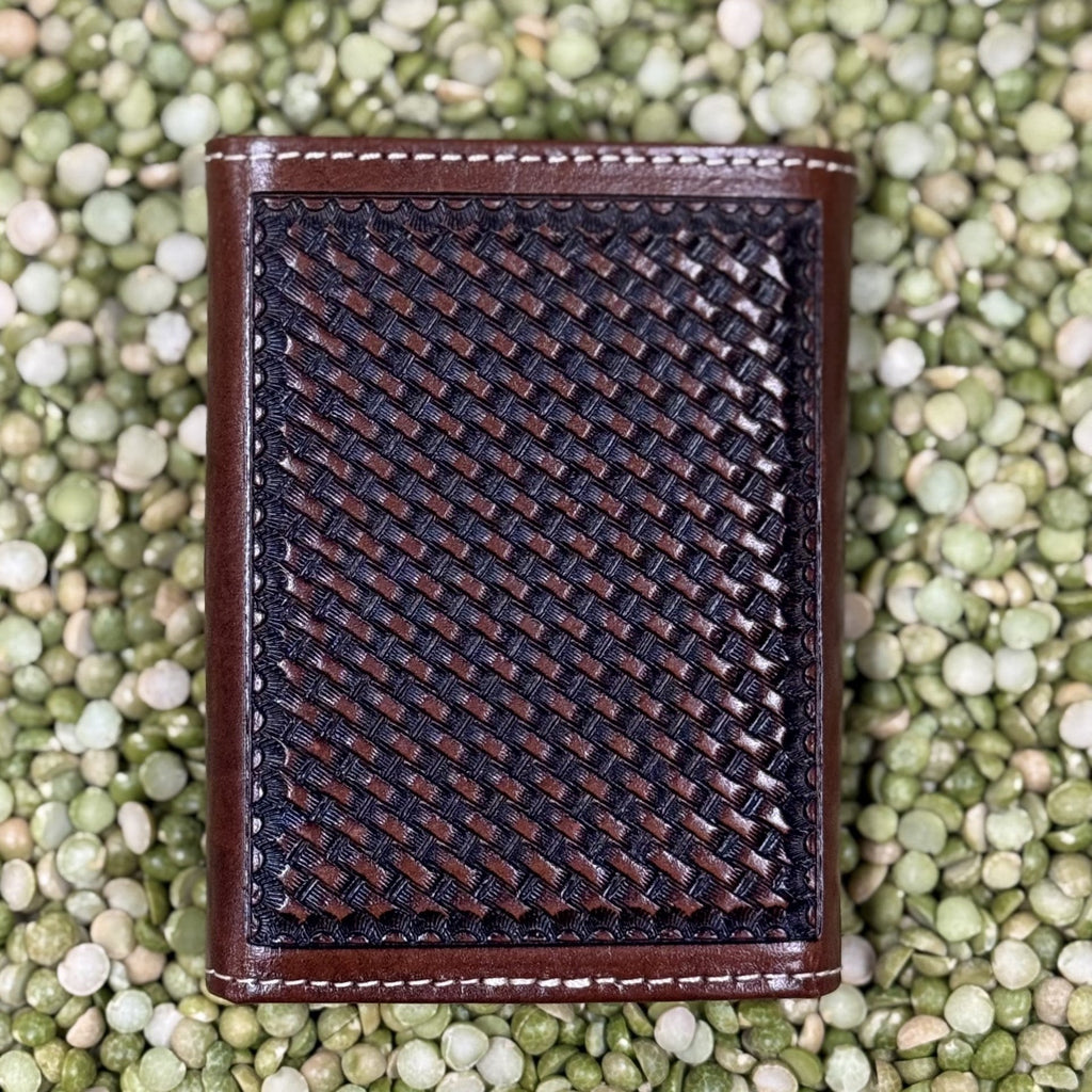 Men's Brown Tooled Overlay Praying Cowboy Concho Trifold Wallet
