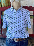 Men's Burlebo Western Wear Golf Polo in burl white and olive, highlighted by an alligator and golf design, made with breathable fabric for lasting comfort - PPTAPII. Available at Blair's Western Wear, Marble Falls, TX.
