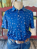 Men's Burlebo Western Wear Short Sleeve Polo Shirt in navy and orange, featuring a unique astronaut and space-themed print with durable construction - PPMOON. Available at Blair's Western Wear, Marble Falls, TX.