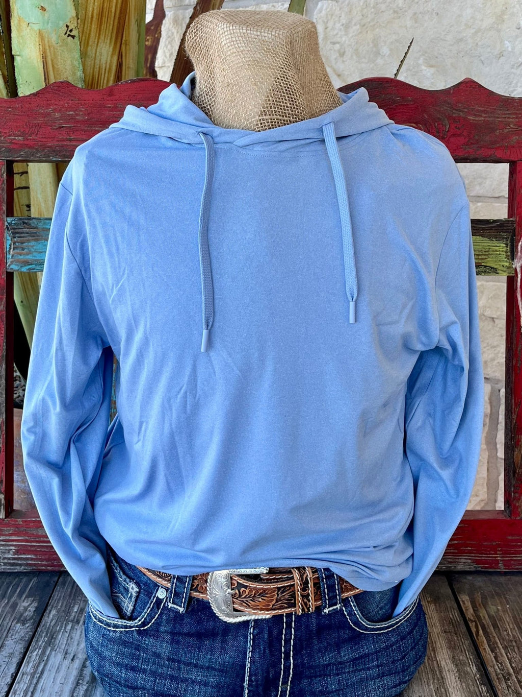 Men's Burlebo Performance Hoodie Pullover in Light Blue, lightweight breathable fabric for all-day comfort, with quick-drying moisture-wicking design for active use - PHSB. Available at Blair's Western Wear, Marble Falls, TX.