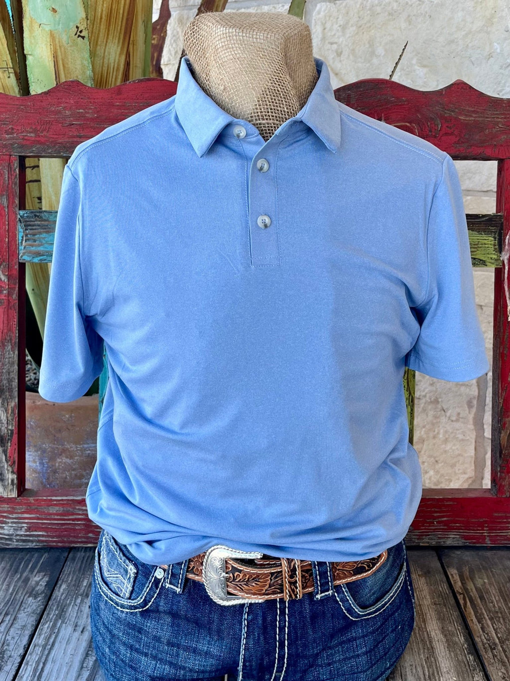 Men's Burlebo Western Wear Polo Shirt in light blue, made with performance fabric and moisture-wicking technology for comfort and durability - PPSB. Available at Blair's Western Wear, Marble Falls, TX.