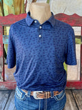 Men's Burlebo Western Wear Polo Shirt in navy and blue, features moisture-wicking technology and UV protection