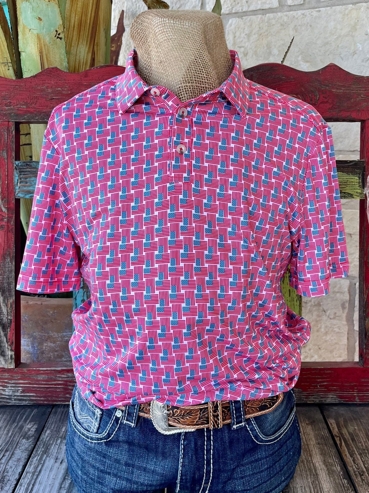 Men's Burlebo Western Wear Polo Shirt in red, white, and blue with U.S. flag pattern, three-button placket and rib-knit collar - PPAFP. Available at Blair's Western Wear, Marble Falls, TX.