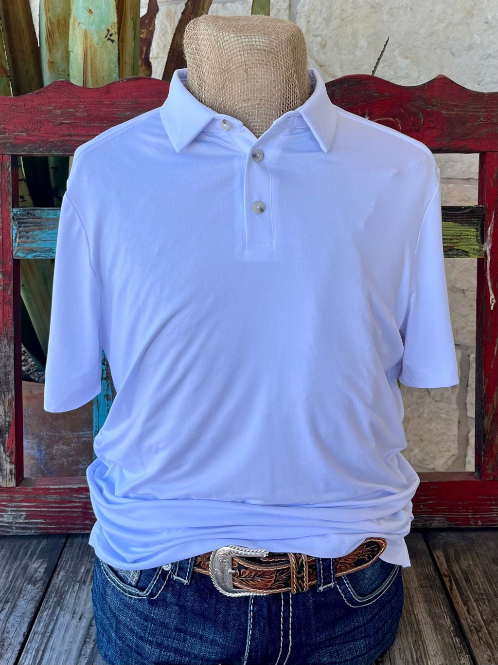 Men's Burlebo Polo Shirt in white, featuring lightweight performance fabric with moisture-wicking technology - PPWHT. Available at Blair's Western Wear, Marble Falls, TX.