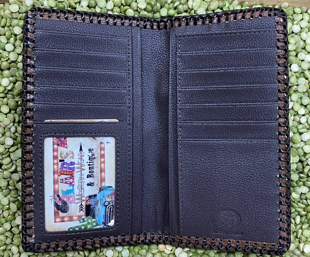 Men's Chocolate Tooled Leather Whipstitch Checkbook Wallet